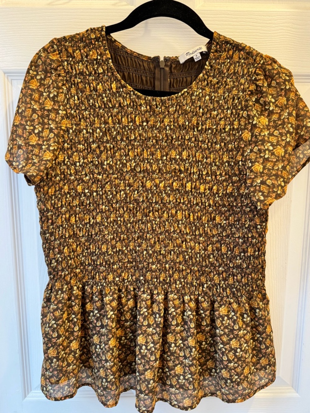 Madewell Floral Smocked Peplum Blouse Brown Yellow Short Sleeve Medium